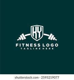 KY initial monogram for fitnes or gym logo with creative shield and barbell design
