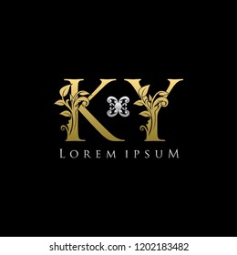 KY K Y  Gold Letter logo With Classy Floral Design