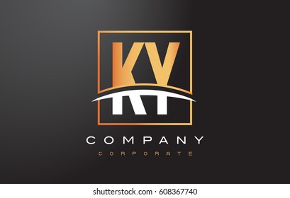 KY K Y Golden Letter Logo Design with Swoosh and Rectangle Square Box Vector Design.
