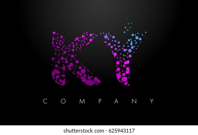 KY K Y Letter Logo with Purple Blue Particles and Bubble Dots Design Vector.