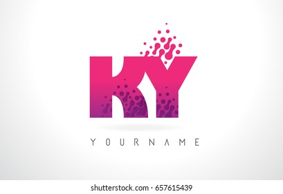 KY K Y Letter Logo with Pink Letters and Purple Color Particles Dots Design.