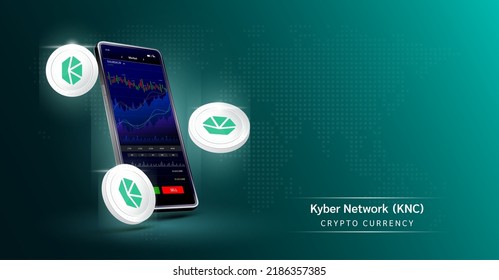 Kyber Network coin and Phone. App for trading crypto currency on the touch screen smartphone. Data analytics stock market. Mobile banking cryptocurrency. Vector 3d. 