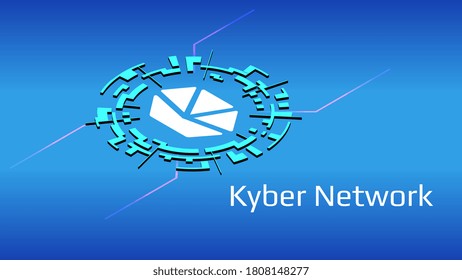 Kyber Network KNC isometric token symbol of the DeFi project in digital circle on blue background. Cryptocurrency icon. Decentralized finance programs. Vector EPS10.