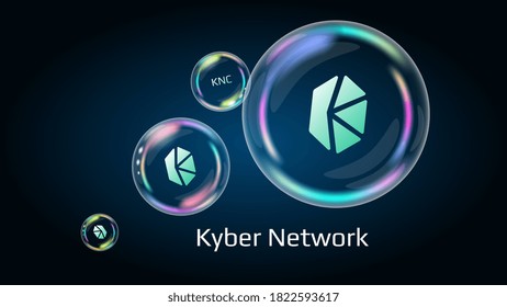 Kyber Network KNC token symbol in soap bubble, coin DeFi project decentralized finance. The financial pyramid will burst soon and destroyed. Vector EPS10.