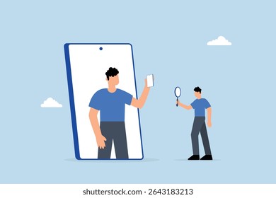 KYC, businessman using magnifying glass to analyze and identify user in smartphone application.