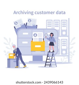 KYC concept. Archiving Customer Data. Methodical organization and secure storage of client information, ensuring privacy and compliance. Flat vector illustration.