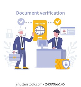 Concepto KYC. Verificación de documentos. Una escena centrada en la autenticación de pasaportes, que garantiza comprobaciones de identidad fiables para transacciones seguras. Ilustración vectorial plana.