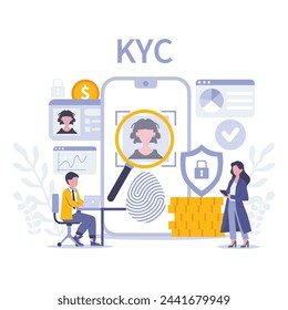 Concepto KYC. Una combinación perfecta de verificación biométrica, perfiles digitales y escrutinio financiero para garantizar una autenticidad de usuario estricta. Ilustración vectorial plana.