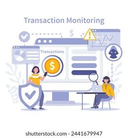 KYC-Konzept. Transaktionsüberwachung. Wachsame Verfolgung von Finanzaktivitäten, um unbefugte oder betrügerische Transaktionen aufzudecken und zu verhindern. Flache Vektordarstellung.