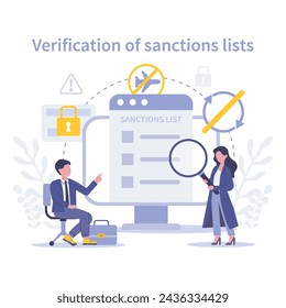 KYC concept. Verification of Sanctions Lists. Diligent cross-referencing against official restrictions to maintain legal and financial compliance. Flat vector illustration.