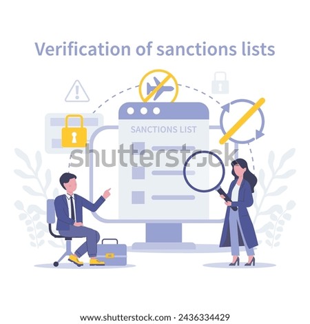KYC concept. Verification of Sanctions Lists. Diligent cross-referencing against official restrictions to maintain legal and financial compliance. Flat vector illustration.