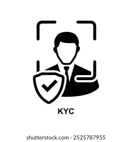 KYC-Symbol. Das schwarze Symbol einzeln auf der Vektorgrafik des Hintergrunds. Kennen Sie Ihre Kundenstandards sind darauf ausgelegt, Finanzinstitute vor Betrug, Korruption, Geldwäsche und