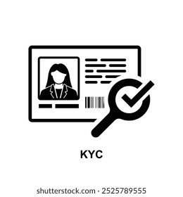 KYC-Symbol. Das schwarze Symbol einzeln auf der Vektorgrafik des Hintergrunds. Kennen Sie Ihre Kundenstandards sind darauf ausgelegt, Finanzinstitute vor Betrug, Korruption, Geldwäsche und