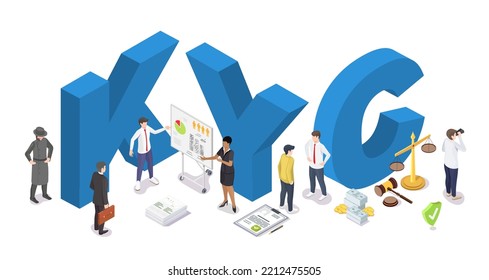 KYC. Know your client 3d vector poster. Tiny businesspeople learning customer profile information. Business verifying of clients identity and assessing suitability for partnership