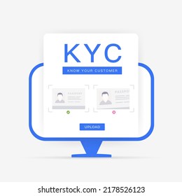 KYC know your customer application form for uploading personal identification documents - passport data page, driver's license, selfie with an example. Vector illustration with desktop pc flat style