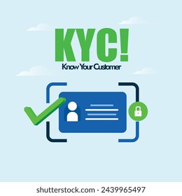 KYC. Know your Customer awareness banner with customer identification symbol, icon with check mark sign in green colour. KYC vector icon and importance banner to ensure customer, client safety. 