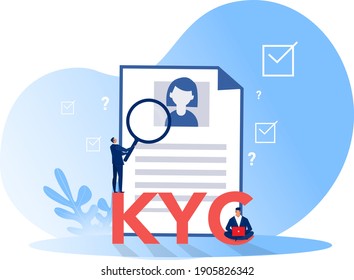 KYC or know your customer with business verifying the identity of its clients concept at the partners-to-be through a magnifying glass 