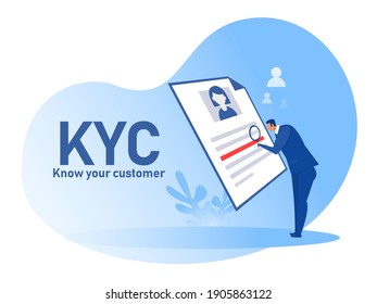 KYC or know your customer with business verifying the identity of its clients concept at the partners-to-be through a magnifying glass vector illustrator