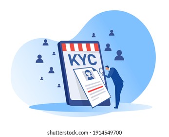 KYC or know your customer with business verifying the identity of its clients concept at the partners-to-be through a magnifying glass vector illustrator