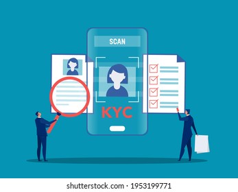 KYC or know your customer with business verifying the identity of its clients concept at the partners-to-be through a magnifying glass vector illustrator