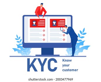 KYC or know your customer with business verifying the identity of its clients concept at the partners-to-be through a magnifying glass vector illustrator