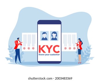 KYC or know your customer with business verifying the identity of its clients concept at the partners-to-be through a magnifying glass vector illustrator