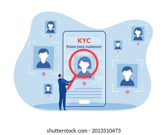 KYC or know your customer with business verifying the identity of its clients concept at the partners-to-be through a magnifying glass vector illustrator