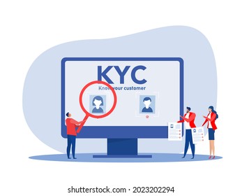 KYC or know your customer with business verifying the identity of its clients concept at the partners-to-be through a magnifying glass vector illustrator