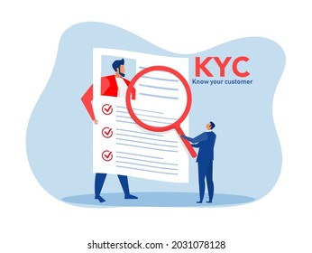KYC or know your customer with business verifying the identity of its clients concept at the partners-to-be through a magnifying glass vector illustrator