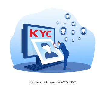 KYC or know your customer with business verifying the identity of its clients concept at the partners-to-be through a magnifying glass vector illustrator