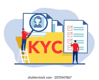 KYC or know your customer with business verifying the identity of its clients concept at the partners-to-be through a magnifying glass vector illustrator