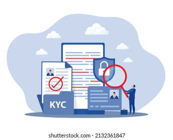 KYC or know your customer with business verifying the identity of its clients concept at the partners-to-be through a magnifying glass vector illustrator