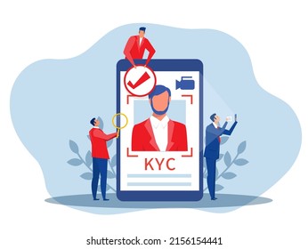 KYC or know your customer with business verifying the identity of its clients concept at the partners-to-be through a magnifying glass vector illustrator