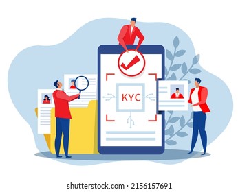 KYC or know your customer with business verifying the identity of its clients concept at the partners-to-be through a magnifying glass vector illustrator