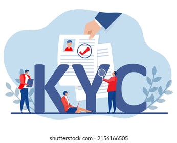 KYC or know your customer with business verifying the identity of its clients concept at the partners-to-be through a magnifying glass vector illustrator