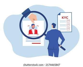 KYC o conozca a su cliente con el negocio verificando la identidad del concepto de sus clientes en los futuros socios a través de un ilustrador de vectores de vidrio de aumento