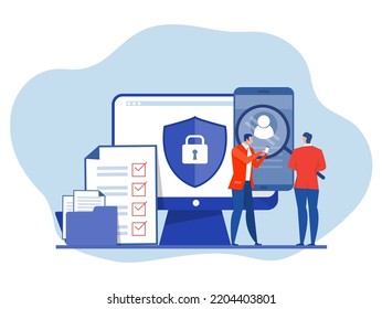 KYC or know your customer with business verifying the identity of its clients concept at the partners-to-be through a magnifying glass on laptop vector illustrator