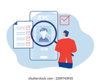 KYC or know your customer with business verifying the identity of its clients concept at the partners-to-be through a magnifying glass vector illustrator