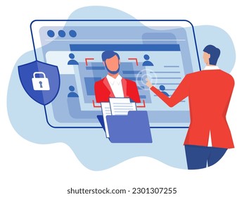 KYC or know your customer with business verifying the identity of its clients concept at the partners-to-be through a magnifying glass on laptop vector illustrator