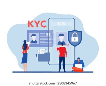 KYC or know your customer with business verifying the identity of its client's concept at the partners-to-be through a magnifying glass  of business identification and  safety.