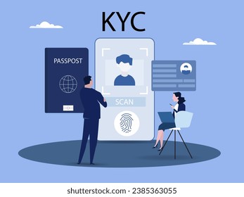 KYC or know your customer with business verifying the identity of its client's concept at the partners-to-be through a magnifying glass of business identification and safety.