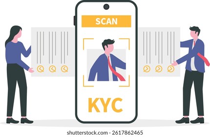 KYC ou conheça seu cliente com negócios que verificam a identidade do conceito de seus clientes nos futuros parceiros por meio de um ilustrador de vetor de lupa

