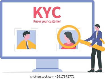 KYC ou conheça seu cliente com negócios que verificam a identidade do conceito de seus clientes nos futuros parceiros por meio de um ilustrador de vetor de lupa

