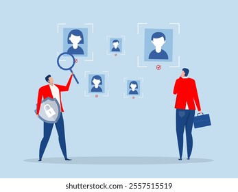 KYC or know your customer , Businessman with a shield looking at the partners-to-be through a magnifying glass.vector illustrator