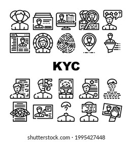 Kyc Know Your Customer Collection Icons Set Vector. Client Identification Card And Medical Information, Kyc Technology And Analysis Contour Illustrations