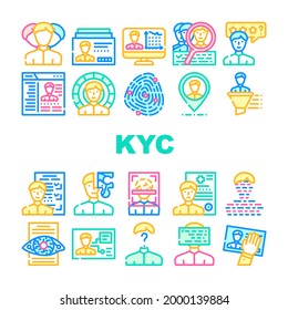 Kyc Know Your Customer Collection Icons Set Vector. Client Identification Card And Medical Information, Kyc Technology And Analysis Concept Linear Pictograms. Contour Color Illustrations