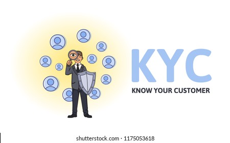 KYC, Know Your Customer concept. Businessman with a shield looking at the partners-to-be through a magnifying glass. Colored flat vector illustration on white background.