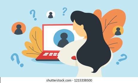 KYC or know your customer concept. Idea of business identification and finance safety. Woman working on laptop computer. Cyber crime. Isolated flat illustration