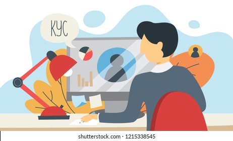 KYC or know your customer concept. Idea of business identification and finance safety. Man working on laptop computer. Cyber crime. Isolated flat illustration