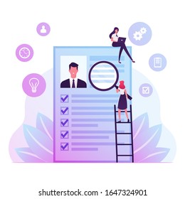Kennen Sie Ihr Kundenkonzept. Idee der Business Identification und der Sicherheit der Finanzen. Frauen mit Gläserei lernen Profil von Man Bank Client Cyber Crime Defense. Illustration zur Cartoon-Vektorillustration